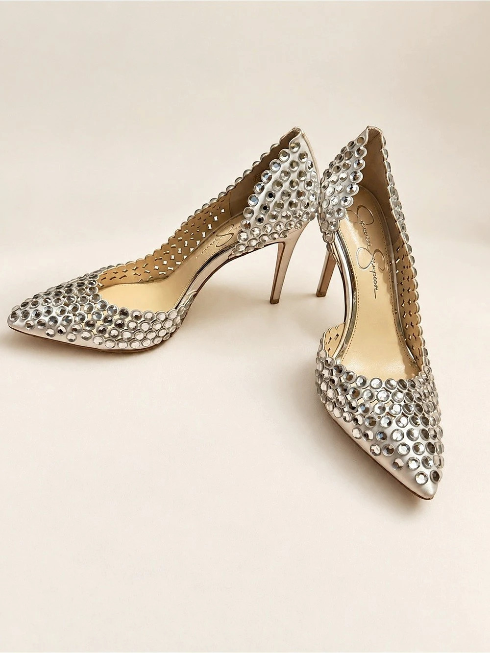 Jessica Simpson Embellished Pointed-Toe Heels in Silver Like New